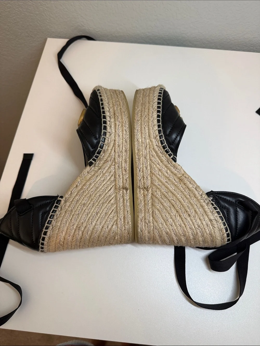 Gucci Black Leather GG Espadrille Wedges with Ribbon Ties